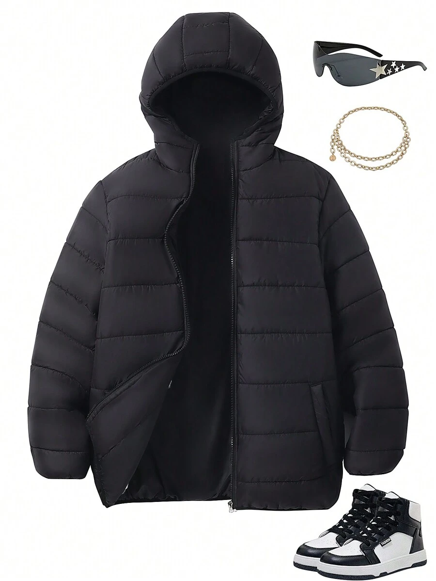 SHEIN جاكيت منفوخ أسود مبطن بالصوف ذو أكمام طويلة وغطاء رأس للفتيات المراهقات، أسلوب هالوين والخريف