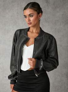 SHEIN BAE Women's Spring And Autumn Solid Color Long Sleeve Casual Baseball Jacket Fall Women Clothes In Fall/Winter - Black - View 1