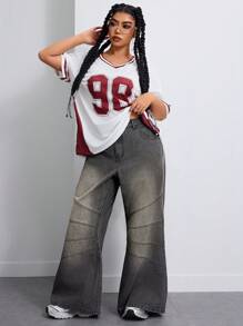 SHEIN ICON Jeans droits en denim gris déchiré grande taille pour femmes