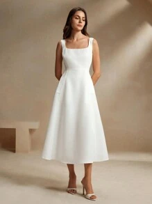 Anewsta French Style White Square Neck Camisole A-Line Waisted Slim Dress Maxi Women Outfit - White - View 7