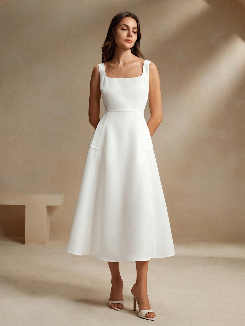 French Style White Square Neck Camisole A-Line Waisted Slim Dress Maxi Women Outfit