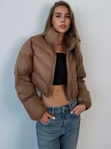 Aloruh 女士新款秋冬性感时尚日常通勤修身哑光前拉链高领短款加厚外套 - 棕色 - 查看 2