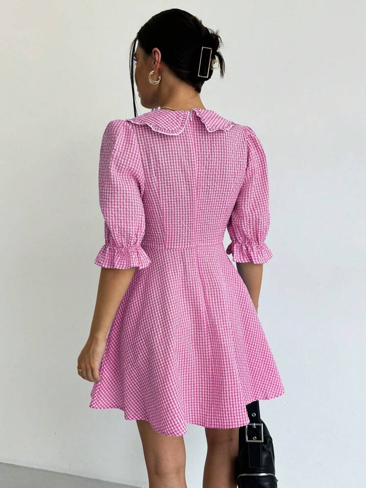 SHEIN EZwear Vネック 半袖 チェック柄ワンピース、優しく上品な