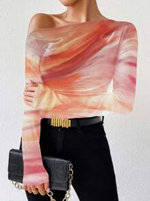 EMERY ROSE 春夏时尚大理石渐变印花不对称荷叶边长袖 T 恤图案 T 恤女式春季服装上衣