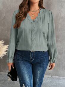 SHEIN LUNE Plus Size Spring/Autumn Casual Solid Color Lace Contrast Long Sleeve Blouse - Light Grey - View 3