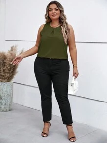 SHEIN Clasi Plus Size Women's Summer Solid Color Round Neck Ruched Sleeveless Casual Blouse - Army Green - View 4
