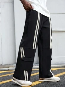 Manfinity Roghcode Pantalones casuales con estampado de rayas de moda y estilo callejero para hombres, de tipo de poner y quitar - Negro - Ver 3
