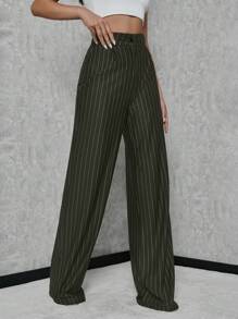 SHEIN Tall Women's Striped Navy Blue Pants - Army Green - View 4