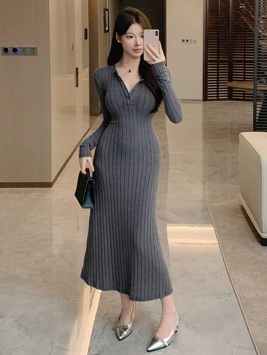 DAZY Women's Half-Placket Textured Ribbed Long Bodycon Dress,Fall Dress Long Sleeve Dress - Dark Grey - View 1