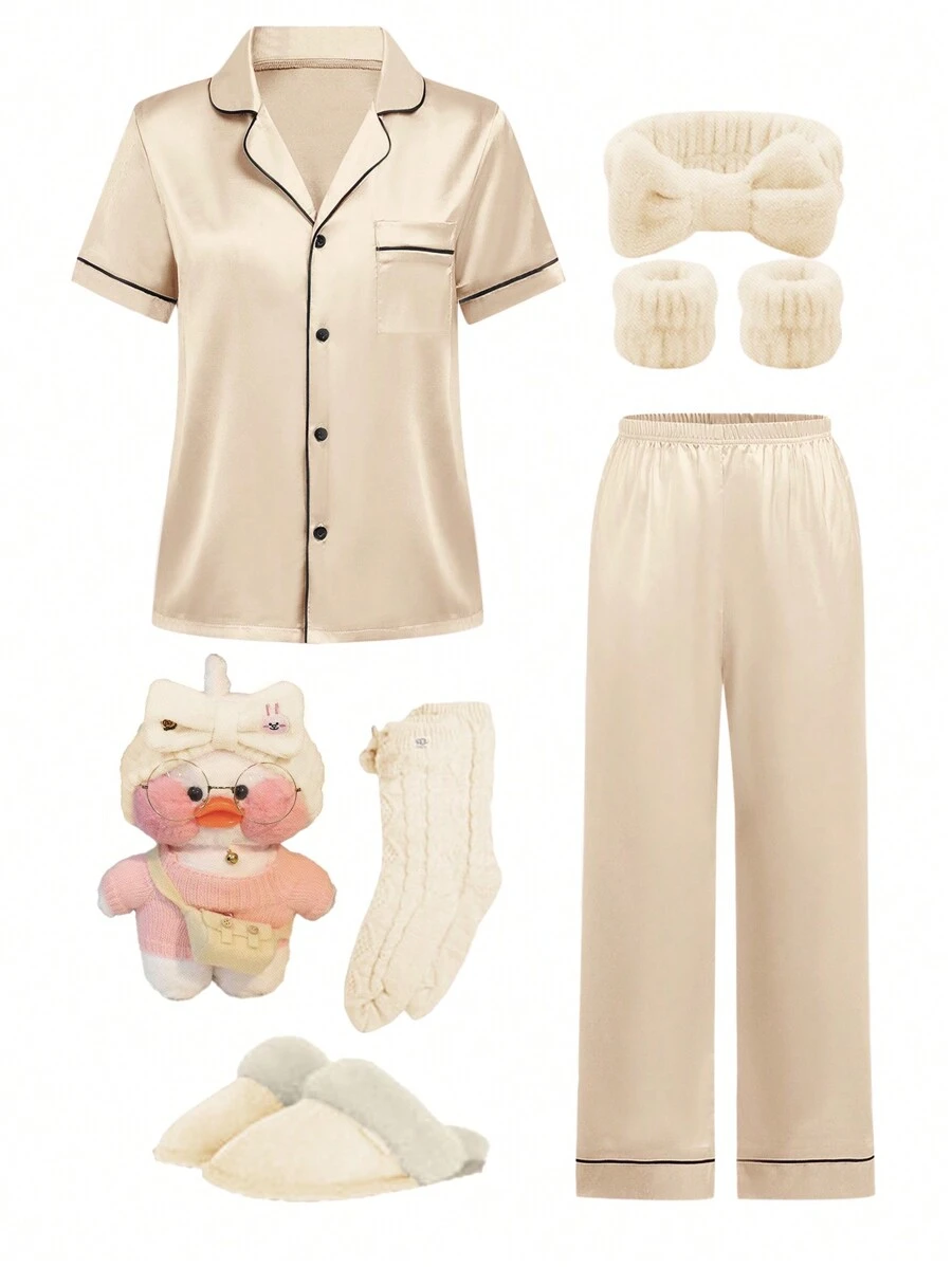 2 件套青少年女孩休闲优雅缎面短袖衬衫和裤子 - 杏色 - 查看 1