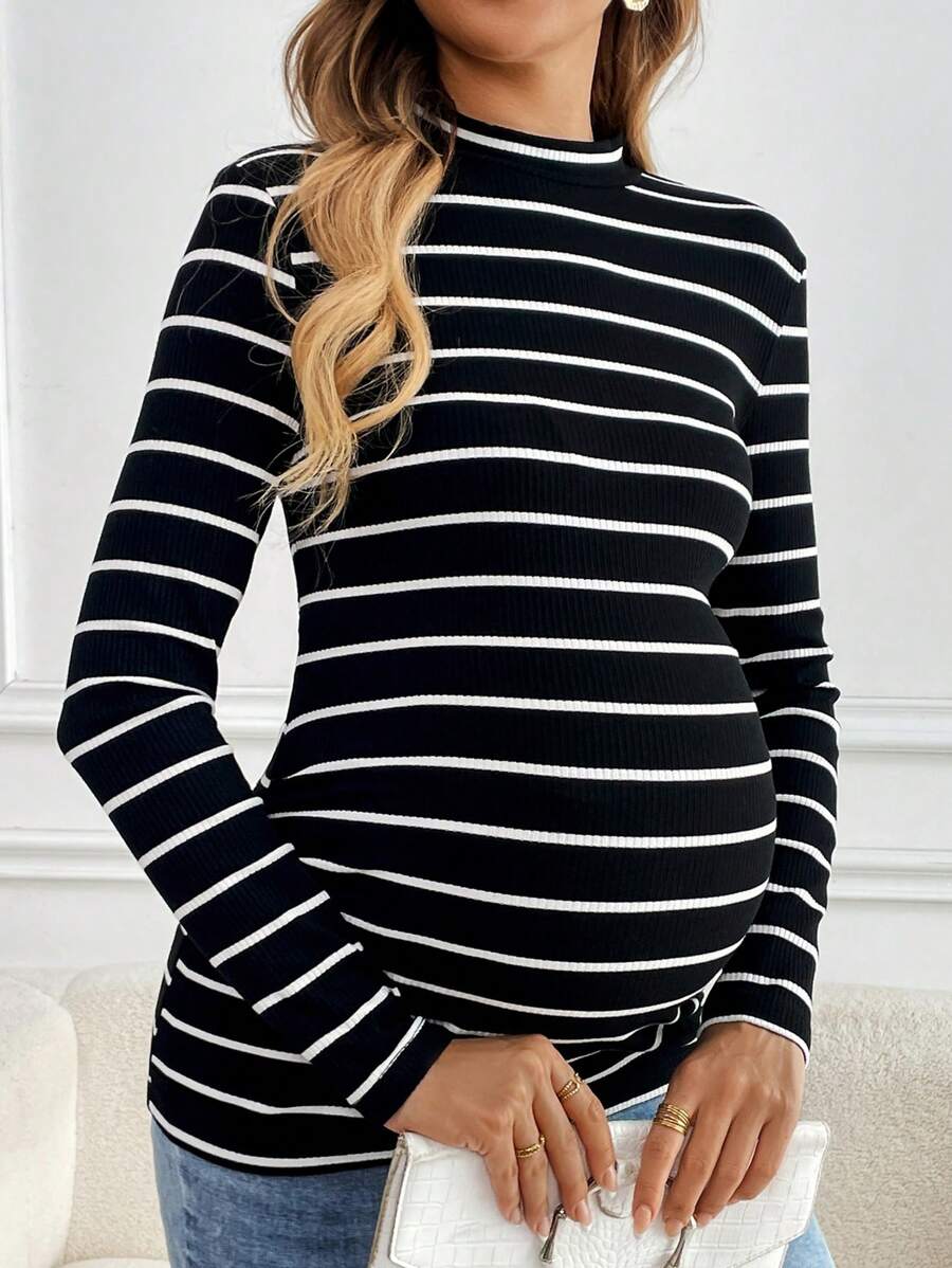 SHEIN Áo thun cổ tròn dài tay dành cho bà bầu trang bị áo thun thoải mái hợp thời trang - màu đen - Xem 1