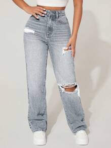 SHEIN PETITE Front-Button Multi-Pocket Ripped Denim Jeans, Casual Everyday Wear - Grey - View 4