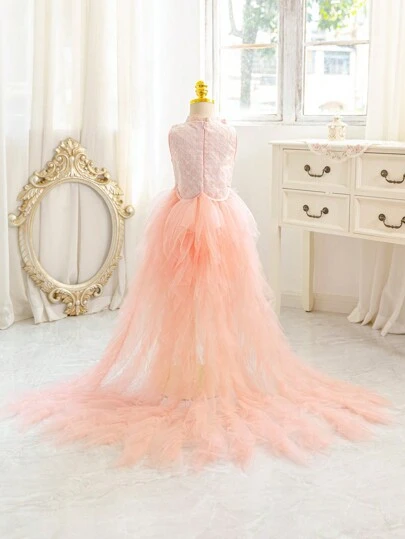 SHEIN Glamorique Kids Christmas Princess Girls Dress Party Gown, Young Girl Sequin Mesh Sparkle Trailing Stage Show Long Dress