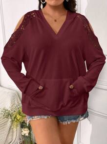 SHEIN LUNE Plus Size Solid Color V-Neck Long Sleeve Pocket Casual Sweatshirt Pullover Fall - Burgundy - View 5