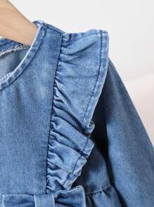 SHEIN Infant Girls' Blue Denim Cute Bowknot Ruffled Collar Blouse - Medium Wash - View 3