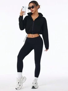 SHEIN Sports Casual Solid Color Stand Collar Drawstring Hem Sport Jacket - Black - View 5