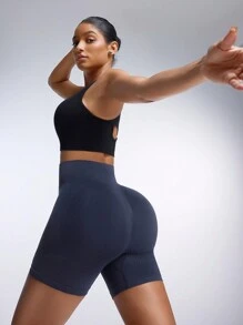 Powerista Shorts de treino femininos sólidos de cintura alta, shorts de moletom femininos, shorts de ginástica, shorts de motociclista - Azul marinho - Ver 5