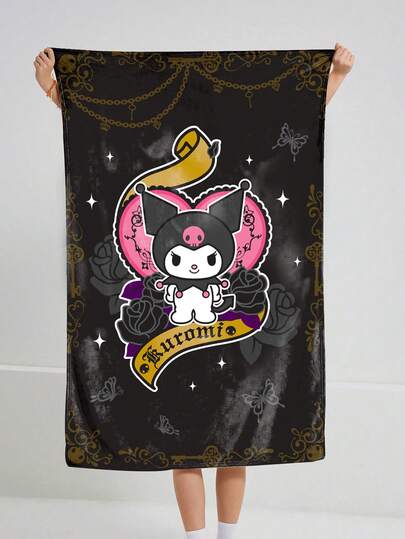 HELLO KITTY AND FRIENDS | SHEIN 卡通与花卉图案黑色毛绒毯子