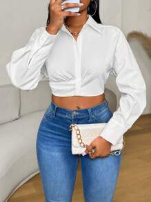 Mistrie Casual Solid Color Cropped Shirt, Spring & Autumn,Long Sleeve Tops Fall Cloth For Women - White - View 3