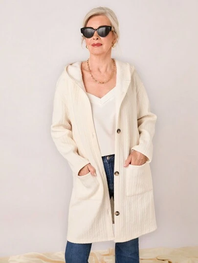 SHEIN LUNE 女式纯色落肩长袖长连帽休闲羊毛夹克，秋冬