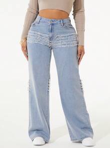 SHEIN Unity Women's Patchwork Frayed Hem Loose Straight Leg Casual Jeans - Light Wash - View 4