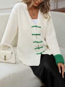 Aveloria Women's Fall & Winter Color Block  Crochet Chunky Knit V-Neck  Open Front Loose Cardigan Outerwear Coats - Beige - View 1