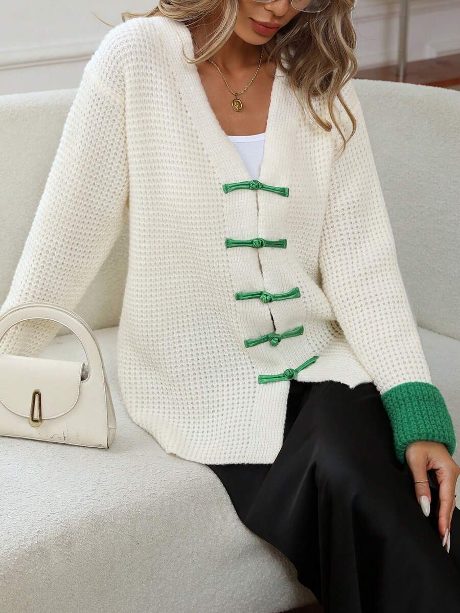 Aveloria Women's Fall & Winter Color Block  Crochet Chunky Knit V-Neck  Open Front Loose Cardigan Outerwear Coats - Beige - View 1