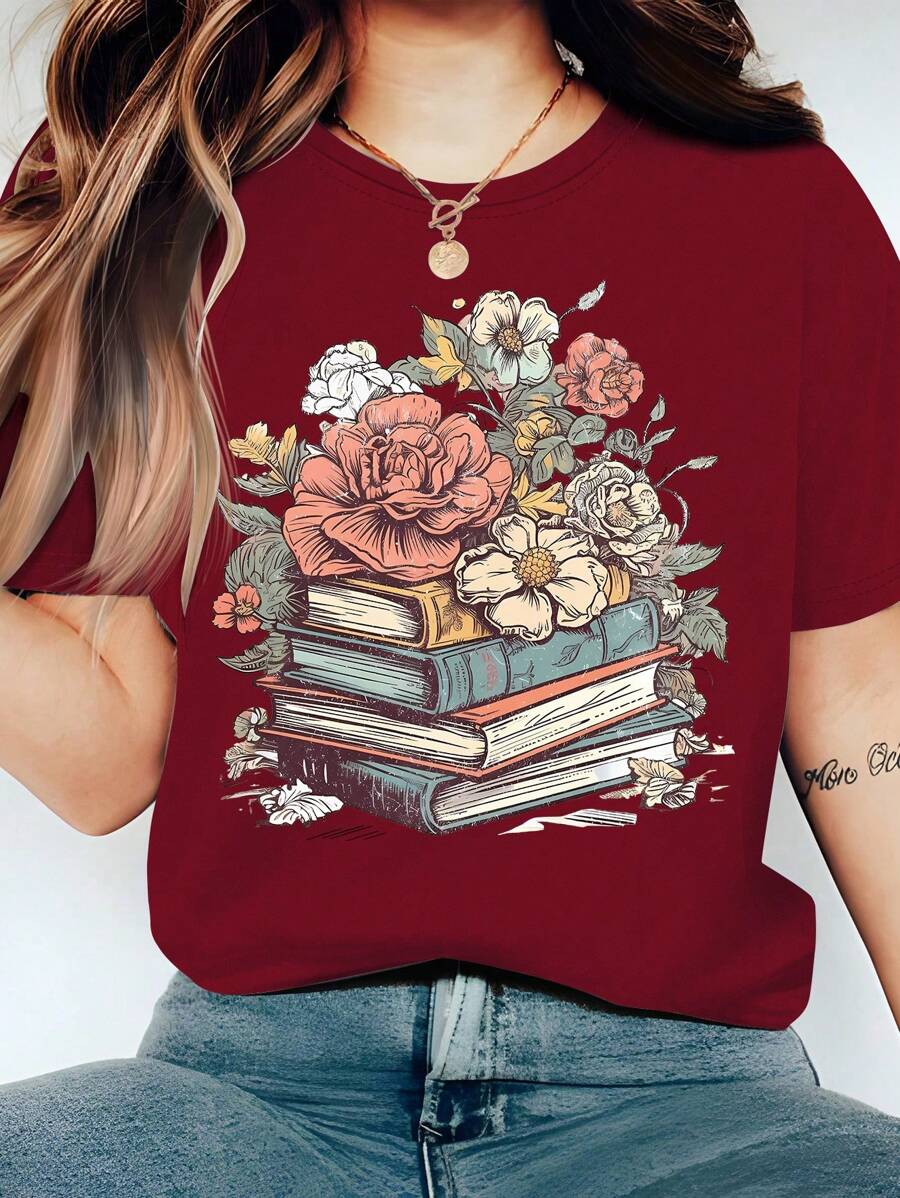INAWLY Áo thun in hoa và sách mùa hè cỡ lớn dành cho nữ, phù hợp cho ngày Nhà giáo - Màu Đỏ Sâu - Xem 1