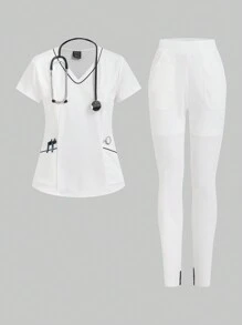TaskEZ 2 件套女式护士制服手术服套装，包括 2 个口袋现代 V 领束腰上衣和 2 个口袋弹性腰带终极瑜伽慢跑裤 - 白色 - 查看 1