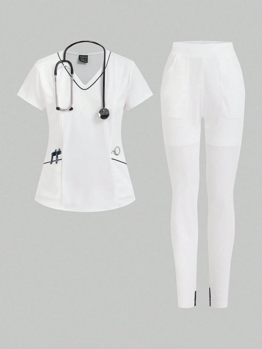 TaskEZ 2 件套女式护士制服手术服套装,包括 2 个口袋现代 V 领束腰上衣和 2 个口袋弹性腰带终极瑜伽慢跑裤 - 白色 - 查看 1