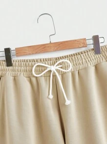 Manfinity Hypemode Bộ quần áo thun tay ngắn cổ tròn in chữ và dây rút thời trang cho nam - Màu Khaki - Xem 9