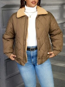 SHEIN Essnce Plus Size Women's Lapel Zip-Up Long Sleeve Fashionable Casual  Green Padded Coat - Army Green - View 1