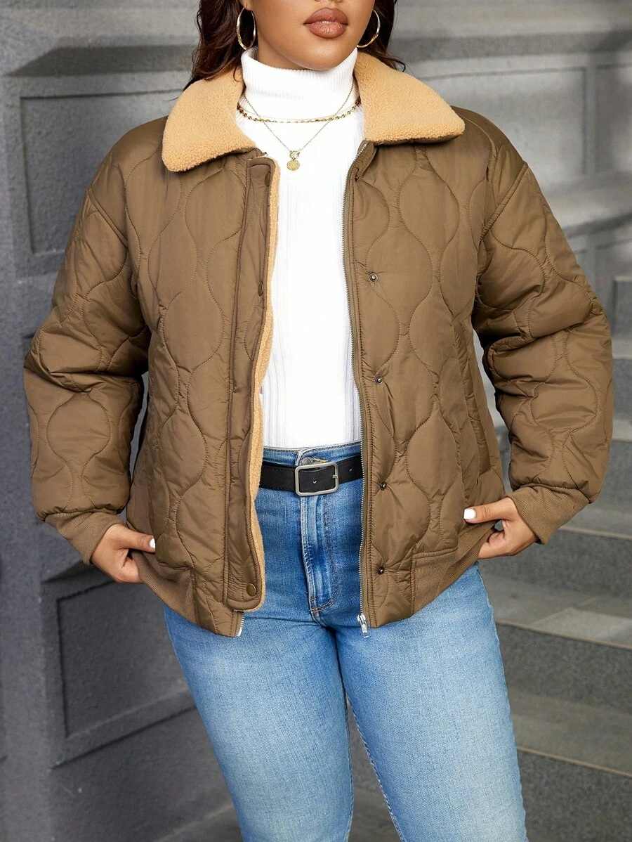 SHEIN Essnce Plus Size Women's Lapel Zip-Up Long Sleeve Fashionable Casual  Green Padded Coat - Army Green - View 1