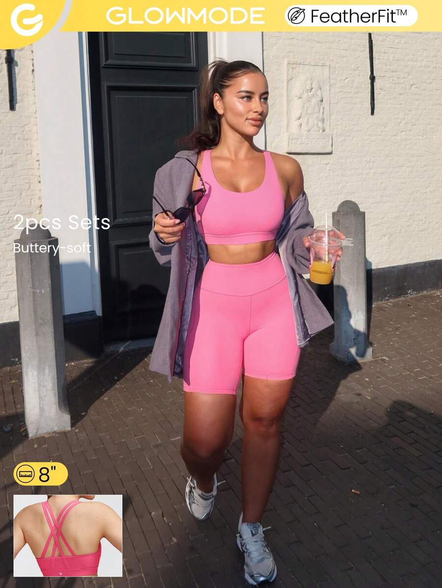 GLOWMODE Conjunto de sostén deportivo FeatherFit™ y shorts de 8'' con parte superior de tanque con cintas en la espalda y shorts de bicicleta de cintura alta con bolsillos laterales para yoga de bajo impacto, correr diariamente, entrenamiento en el gimnasio, verano