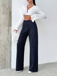 SHEIN Cottnline بنطال بنمط شريطي مع قصة عادية - أزرق بحري - مشاهدة 7
