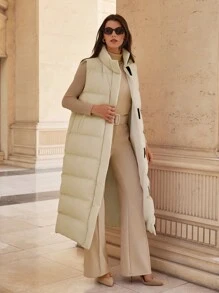 RueChic Longline Puffer Gilet, Extra-Long Puffer Vest - Beige - View 6