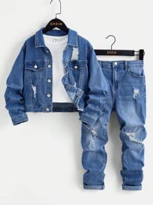 Set de 2 piezas de vestimenta informal y estilizada con efecto desgastado y estampado en relieve para niño preadolescente