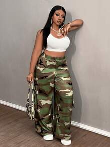 Slaydiva Plus Size Summer Casual Sports Simple Street Cargo Three-Dimensional Pocket Camouflage Wide-Leg Pants Women's Pants