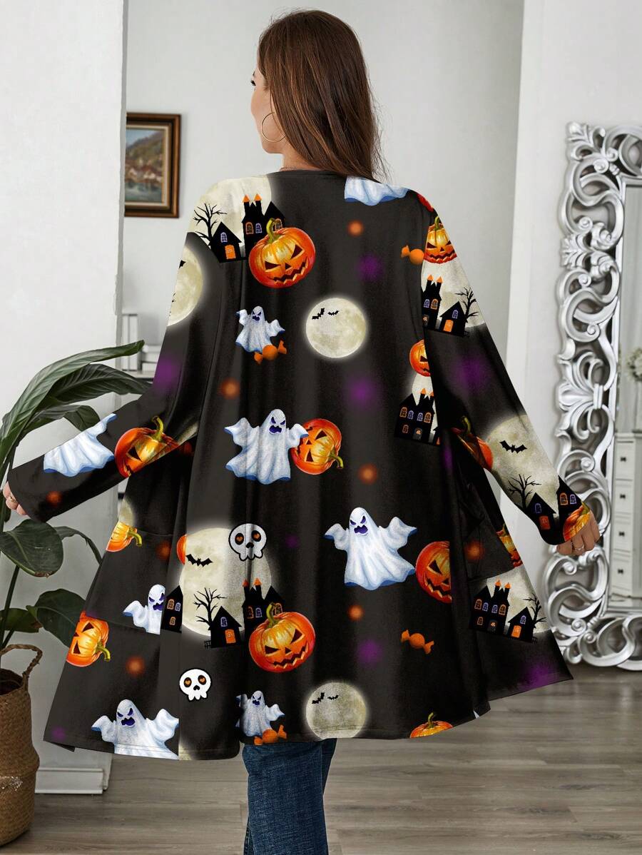 EMERY ROSE Plus Size Women's Casual Ghost Pumpkin Moon Print Loose Long Sleeve Cardigan Jacket, Suitable For Autumn And Summer