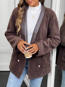 SHEIN LUNE Long Sleeve Front Button Pocket Fur Collar Patchwork Coat Fall Cloth For Women - Khaki - View 4