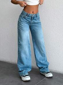 EURMUSE 低腰直筒休闲牛仔裤 - 淺藍色 - 查看 7