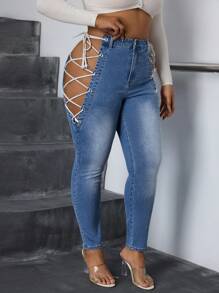 SHEIN SXY Plus Size Women Denim High Waist Elastic Rope Side Tie Detail Skinny Pants - Medium Wash - View 6