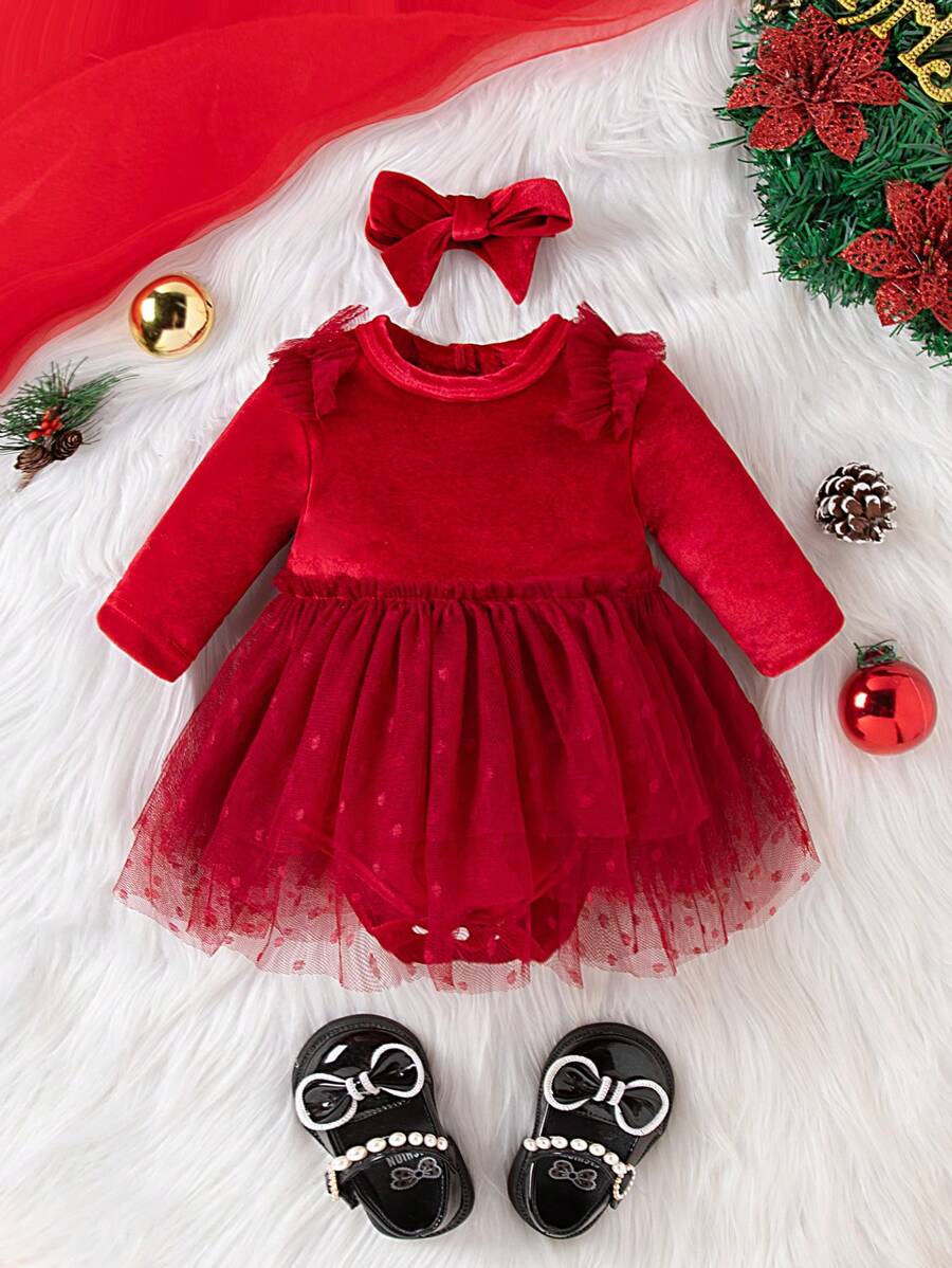 SHEIN 女婴圆点印花网纱褶皱长袖连体衣，保暖，圣诞节礼物 - 紅色 - 查看 1