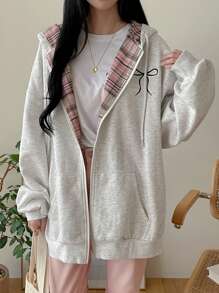 DAZY Women's Loose Plaid Patchwork Lined Hoodie Sweatshirt,Fall Women Clothes Jacket Zip Up - Grey - View 7