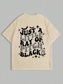 INAWLY Áo thun nữ cổ tròn rộng rãi, hở vai, in khẩu hiệu mùa hè cỡ lớn, họa tiết dơi - Màu Khaki - Xem 2