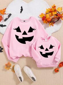 Różowa bluza dla mamy i córki, Chic Mom & Me, długi rękaw, różowy sweter z nadrukiem uśmiechniętej buźki, na Halloween i jesienne święta - Różowy - Zobacz 7