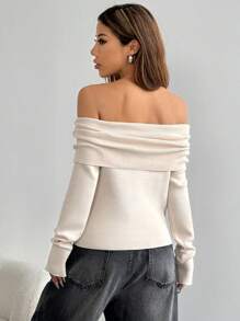 Flirla Women's Solid Color Off-Shoulder Long Sleeve Fitted Sweater, Autumn/Winter, Knit Pullover Fall - Beige - View 2