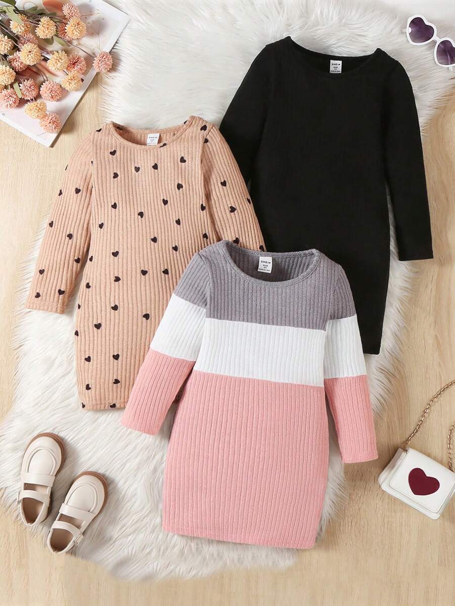 SHEIN 年轻女孩休闲拼色、心形印花和黑色圆领长袖连衣裙 - 彩色 - 查看 1