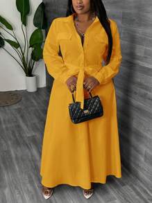 Slaydiva Jesienne stroje Sukienka nauczycielska Commuter Elegance damska Plus Size Maxi Sukienki damskie Długa sukienka w stylu koszuli w kształcie litery A w kolorze białym - z paskiem w talii - Żółty - Zobacz 1