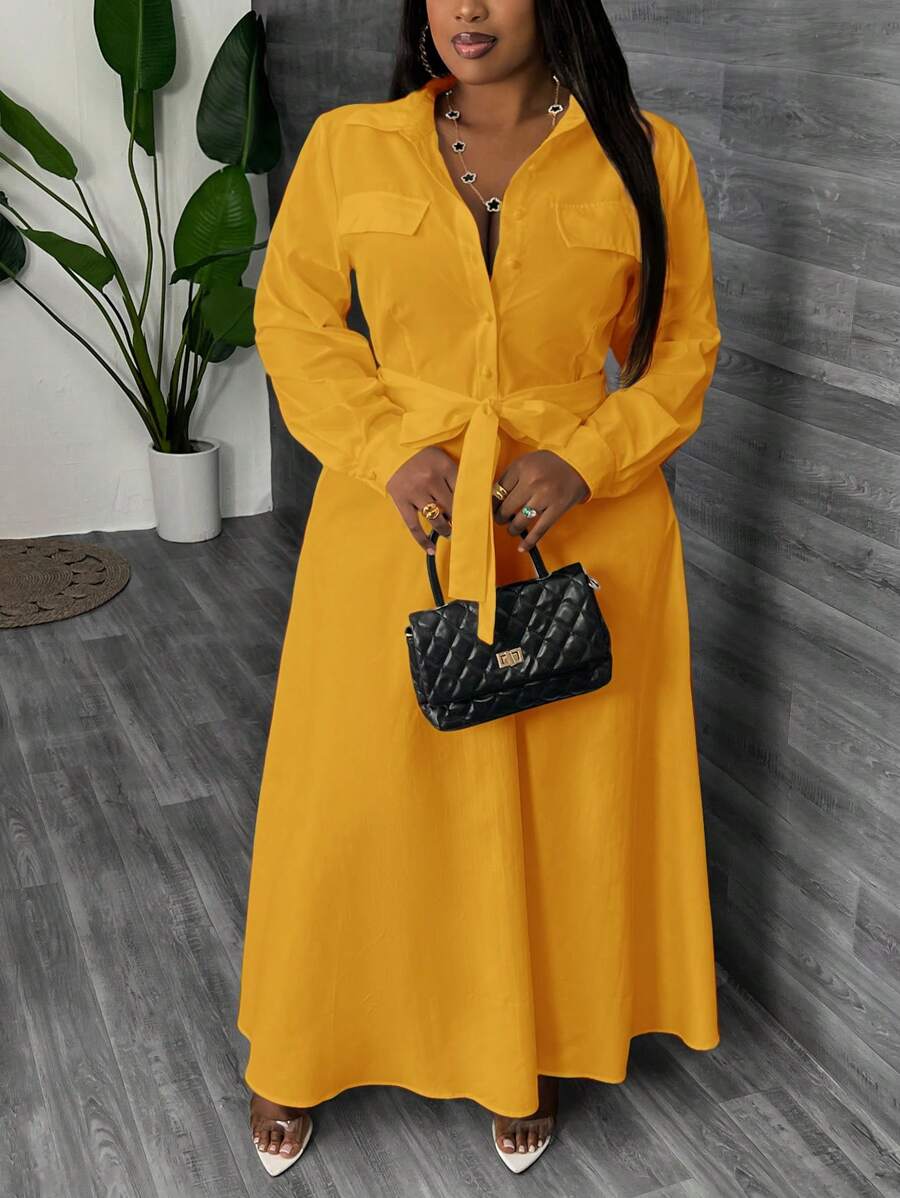 Slaydiva Jesienne stroje Sukienka nauczycielska Commuter Elegance damska Plus Size Maxi Sukienki damskie Długa sukienka w stylu koszuli w kształcie litery A w kolorze białym - z paskiem w talii - Żółty - Zobacz 1